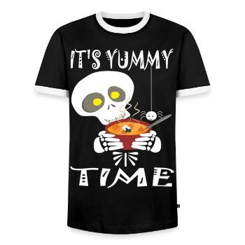 Skellet mit lecker Halloween Kürbis Suppe lustig - Männer Kontrast-T-Shirt - Schwarz/Weiß - Vorne - AI Model Female 172 light (172cm) & AI Model Male 178 light (178cm)