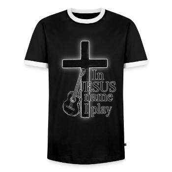 Jesus Christus - Gitarrist - In Jesus Name I Play - Männer Kontrast-T-Shirt - Schwarz/Weiß - Vorne - AI Model Female 172 light (172cm) & AI Model Male 178 light (178cm)