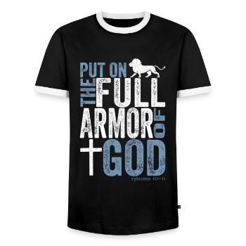 Jesus Christ Shirt Armor Ephesians 6:10 - Men's Ringer Shirt - black/white - Front - AI Model Female 172 light (172cm) & AI Model Male 178 light (178cm)