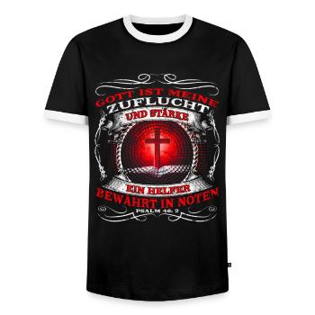 Jesus Christus - Psalm 46, 2 - Ist meine Zuflucht - Männer Kontrast-T-Shirt - Schwarz/Weiß - Vorne - AI Model Female 172 light (172cm) & AI Model Male 178 light (178cm)