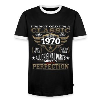 Birthday Vintage 1970 - 70s Classic - Men's Ringer Shirt - black/white - Front - AI Model Female 172 light (172cm) & AI Model Male 178 light (178cm)