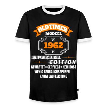 Oldtimer Modell 1962 - Männer Kontrast-T-Shirt - Schwarz/Weiß - Vorne - AI Model Female 172 light (172cm) & AI Model Male 178 light (178cm)