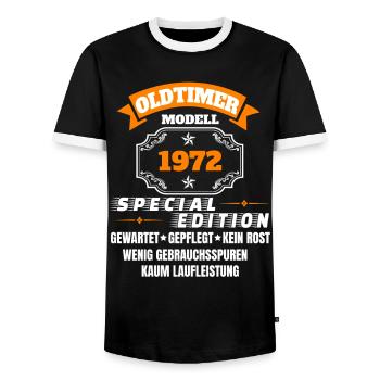 Oldtimer Modell 1972 - Männer Kontrast-T-Shirt - Schwarz/Weiß - Vorne - AI Model Female 172 light (172cm) & AI Model Male 178 light (178cm)