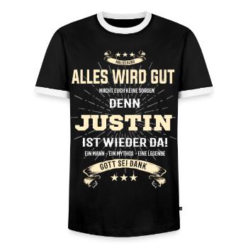 Alles wird gut, denn Justin ist wieder da T-Shirt - Männer Kontrast-T-Shirt - Schwarz/Weiß - Vorne - AI Model Female 172 light (172cm) & AI Model Male 178 light (178cm)