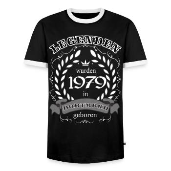 Legenden wurden 1979 in Dortmund geboren - Männer Kontrast-T-Shirt - Schwarz/Weiß - Vorne - AI Model Female 172 light (172cm) & AI Model Male 178 light (178cm)