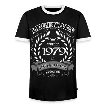 Legenden wurden 1979 in Duisburg geboren - Männer Kontrast-T-Shirt - Schwarz/Weiß - Vorne - AI Model Female 172 light (172cm) & AI Model Male 178 light (178cm)