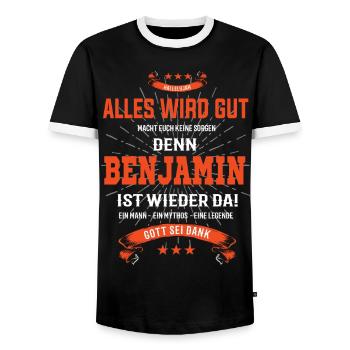 alles wird gut denn Benjamin Ist da T-Shirt - Männer Kontrast-T-Shirt - Schwarz/Weiß - Vorne - AI Model Female 172 light (172cm) & AI Model Male 178 light (178cm)