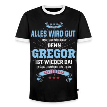 everything will be fine because Gregor Ist da T-Shirt - Men's Ringer Shirt - black/white - Front - AI Model Female 172 light (172cm) & AI Model Male 178 light (178cm)