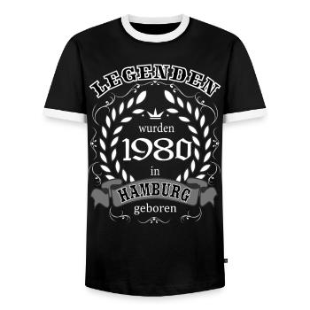 Des légendes sont nées à Hambourg en 1980 - T-shirt contrasté Homme - noir/blanc - Devant - AI Model Female 172 light (172cm) & AI Model Male 178 light (178cm)