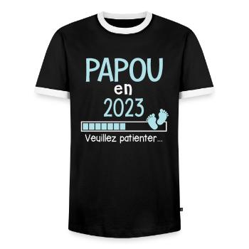 Papou en 2023 Cadeau Futur Papi - T-shirt contrasté Homme - noir/blanc - Devant - AI Model Female 172 light (172cm) & AI Model Male 178 light (178cm)