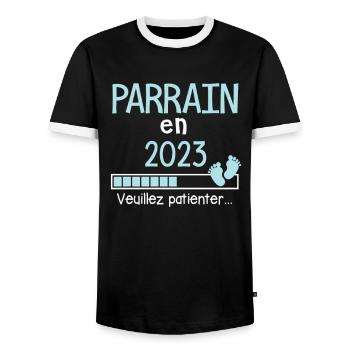 Parrain en 2023 Cadeau Annonce de grossesse - T-shirt contrasté Homme - noir/blanc - Devant - AI Model Female 172 light (172cm) & AI Model Male 178 light (178cm)