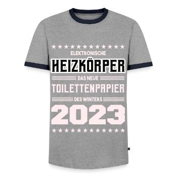 Heizkörper 2023 - Männer Kontrast-T-Shirt - Grau/Navy  - Vorne - AI Model Female 172 light (172cm) & AI Model Male 178 light (178cm)