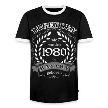 Legends were born in Bavaria in 1980 - Men's Ringer Shirt - black/white - Front - AI Model Female 172 light (172cm) & AI Model Male 178 light (178cm)