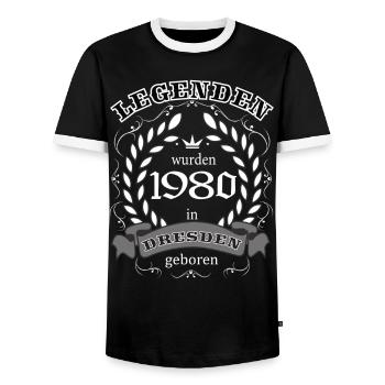 Legenden wurden 1980 in Dresden geboren - Männer Kontrast-T-Shirt - Schwarz/Weiß - Vorne - AI Model Female 172 light (172cm) & AI Model Male 178 light (178cm)