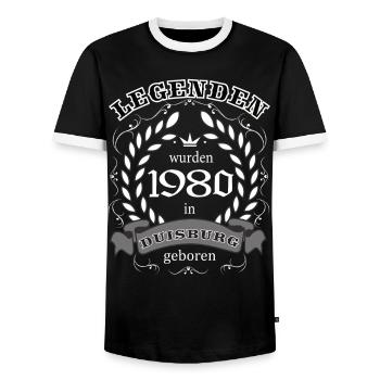 Legenden wurden 1980 in Duisburg geboren - Männer Kontrast-T-Shirt - Schwarz/Weiß - Vorne - AI Model Female 172 light (172cm) & AI Model Male 178 light (178cm)