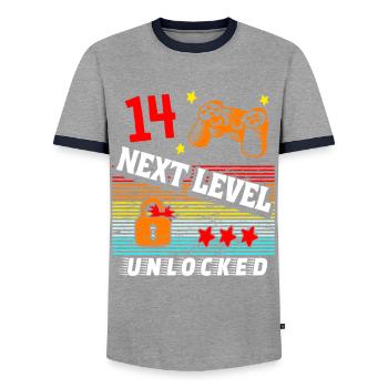14. Geburtstag Level freigeschaltet - Männer Kontrast-T-Shirt - Grau/Navy  - Vorne - AI Model Female 172 light (172cm) & AI Model Male 178 light (178cm)