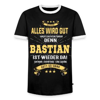 alles wird gut denn Bastian Ist da T-Shirt - Männer Kontrast-T-Shirt - Schwarz/Weiß - Vorne - AI Model Female 172 light (172cm) & AI Model Male 178 light (178cm)