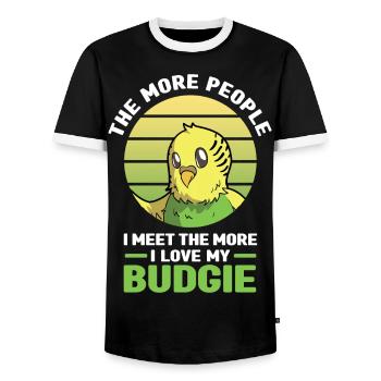 Budgerigar | Pet Bird Read Book Gift - Men's Ringer Shirt - black/white - Front - AI Model Female 172 light (172cm) & AI Model Male 178 light (178cm)