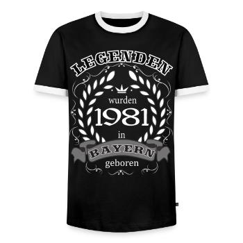 Legends were born in Bavaria in 1981 - Men's Ringer Shirt - black/white - Front - AI Model Female 172 light (172cm) & AI Model Male 178 light (178cm)