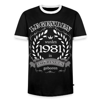 Legends were born in Thuringia in 1981 - Men's Ringer Shirt - black/white - Front - AI Model Female 172 light (172cm) & AI Model Male 178 light (178cm)