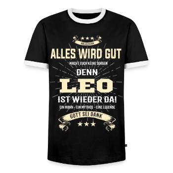 alles wird gut denn Leo Ist da T-Shirt - Männer Kontrast-T-Shirt - Schwarz/Weiß - Vorne - AI Model Female 172 light (172cm) & AI Model Male 178 light (178cm)