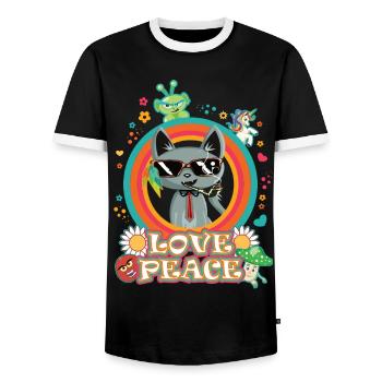 Love and Peace Katze - cooles Hippie Design - Männer Kontrast-T-Shirt - Schwarz/Weiß - Vorne - AI Model Female 172 light (172cm) & AI Model Male 178 light (178cm)