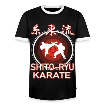 Tenue Shito Ryu cool avec karatéka et kanji - T-shirt contrasté Homme - noir/blanc - Devant - AI Model Female 172 light (172cm) & AI Model Male 178 light (178cm)