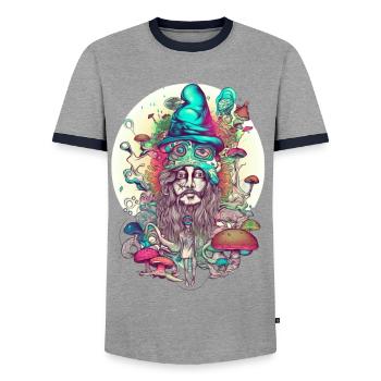 Trippy Shaman - Men's Ringer Shirt - grey/navy  - Front - AI Model Female 172 light (172cm) & AI Model Male 178 light (178cm)