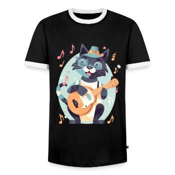 Cute cat with guitar - Men's Ringer Shirt - black/white - Front - AI Model Female 172 light (172cm) & AI Model Male 178 light (178cm)