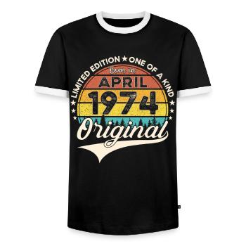49th birthday man April Born 1974 Original - Men's Ringer Shirt - black/white - Front - AI Model Female 172 light (172cm) & AI Model Male 178 light (178cm)