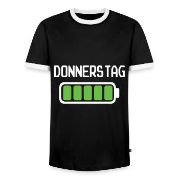 Donnerstag Akku voll geladen - Akkustand - Männer Kontrast-T-Shirt - Schwarz/Weiß - Vorne - AI Model Female 172 light (172cm) & AI Model Male 178 light (178cm)