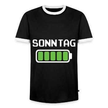 Sonntag Akku voll geladen - Akkustand - Männer Kontrast-T-Shirt - Schwarz/Weiß - Vorne - AI Model Female 172 light (172cm) & AI Model Male 178 light (178cm)
