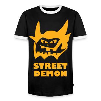 Street Demon, Skater Design with the Demon - Men's Ringer Shirt - black/white - Front - AI Model Female 172 light (172cm) & AI Model Male 178 light (178cm)