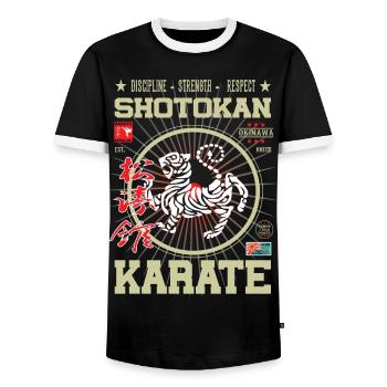 Karate 2023 Design Okinawa Shotokan Martial Arts - Men's Ringer Shirt - black/white - Front - AI Model Female 172 light (172cm) & AI Model Male 178 light (178cm)