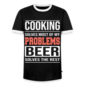 Cooking solves Most of my Problems, Kochen Design - Men's Ringer Shirt - black/white - Front - AI Model Female 172 light (172cm) & AI Model Male 178 light (178cm)