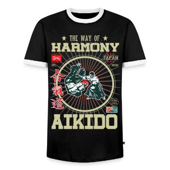 Aikido Harmony Japan Design - Men's Ringer Shirt - black/white - Front - AI Model Female 172 light (172cm) & AI Model Male 178 light (178cm)