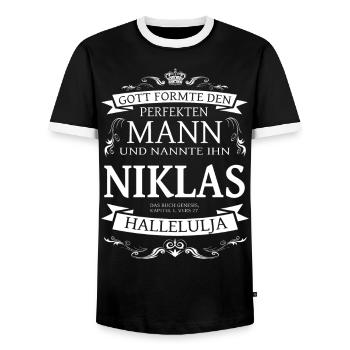 Niklas der perfekte Mann von Gott geformt Design - Männer Kontrast-T-Shirt - Schwarz/Weiß - Vorne - AI Model Female 172 light (172cm) & AI Model Male 178 light (178cm)