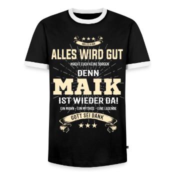 Alles wird gut denn Maik Ist da T-Shirt - Männer Kontrast-T-Shirt - Schwarz/Weiß - Vorne - AI Model Female 172 light (172cm) & AI Model Male 178 light (178cm)