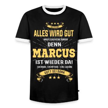 Alles wird gut denn Marcus Ist da T-Shirt - Männer Kontrast-T-Shirt - Schwarz/Weiß - Vorne - AI Model Female 172 light (172cm) & AI Model Male 178 light (178cm)