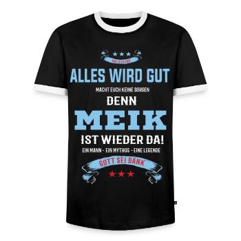 Alles wird gut denn Meik Ist da T-Shirt - Männer Kontrast-T-Shirt - Schwarz/Weiß - Vorne - AI Model Female 172 light (172cm) & AI Model Male 178 light (178cm)