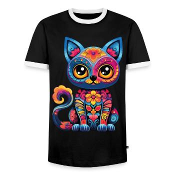 Dia De los Muertos Cat Meowtos Colorful Flowers - Men's Ringer Shirt - black/white - Front - AI Model Female 172 light (172cm) & AI Model Male 178 light (178cm)
