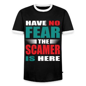 Have no Fear the Scamer is here Outfit - Men's Ringer Shirt - black/white - Front - AI Model Female 172 light (172cm) & AI Model Male 178 light (178cm)