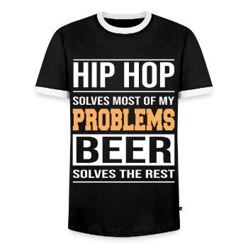 Hip hop solves problems, beer solves the rest - Men's Ringer Shirt - black/white - Front - AI Model Female 172 light (172cm) & AI Model Male 178 light (178cm)