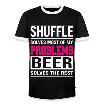 Shuffle résout les problèmes, la bière résout le reste - T-shirt contrasté Homme - noir/blanc - Devant - AI Model Female 172 light (172cm) & AI Model Male 178 light (178cm)