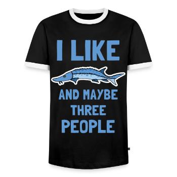 I like sturgeons and maybe three people - Men's Ringer Shirt - black/white - Front - AI Model Female 172 light (172cm) & AI Model Male 178 light (178cm)