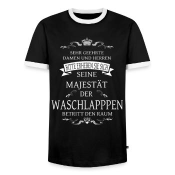 His Majesty the Washcloth enters the room - Men's Ringer Shirt - black/white - Front - AI Model Female 172 light (172cm) & AI Model Male 178 light (178cm)