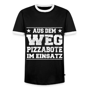 Out of the Way Pizza Delivery Man in Action Design - Men's Ringer Shirt - black/white - Front - AI Model Female 172 light (172cm) & AI Model Male 178 light (178cm)