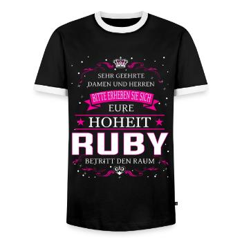 Eure Hoheit Ruby betritt den Raum - Männer Kontrast-T-Shirt - Schwarz/Weiß - Vorne - AI Model Female 172 light (172cm) & AI Model Male 178 light (178cm)