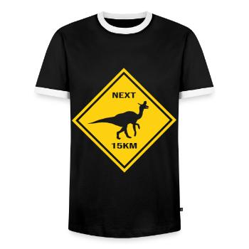 Achtung Lambeosaurus kreuzt die Straße Design - Männer Kontrast-T-Shirt - Schwarz/Weiß - Vorne - AI Model Female 172 light (172cm) & AI Model Male 178 light (178cm)