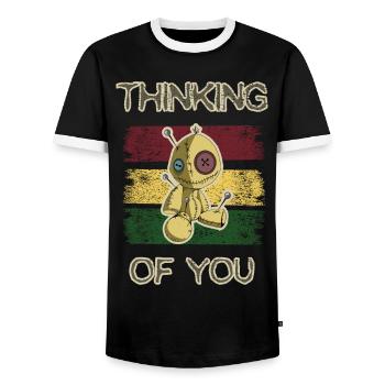 Funny 'Thinking of you' design with voodoo doll - Men's Ringer Shirt - black/white - Front - AI Model Female 172 light (172cm) & AI Model Male 178 light (178cm)